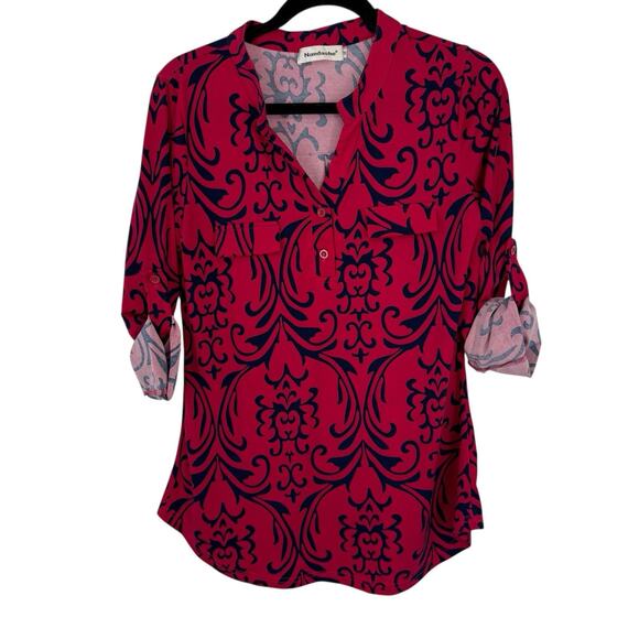 Nandashe Slinky Knit Top size Medium Pink Blue Floral Roll Sleeves 1/4 Button - Picture 1 of 9